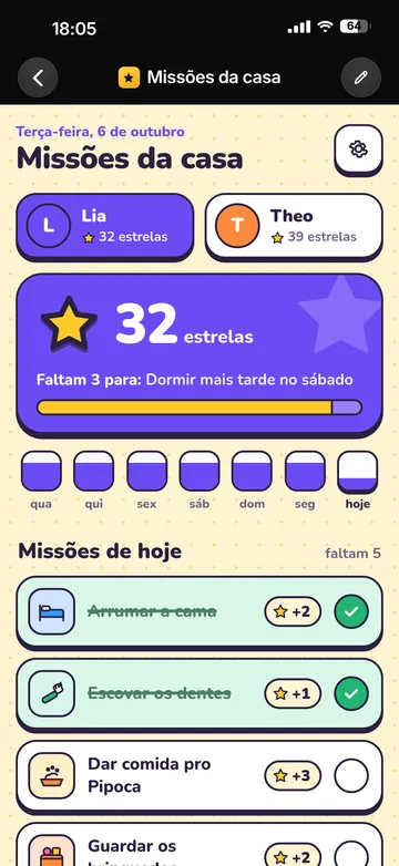 App Missões da casa: abas da Lia e do Theo, 32 estrelas no banco e a lista de missões de hoje, como arrumar a cama e escovar os dentes.