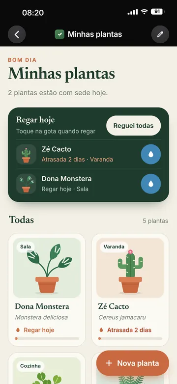 App Minhas plantas: card de Regar hoje com Zé Cacto e Dona Monstera, e cards ilustrados de cada planta com o próximo dia de rega.