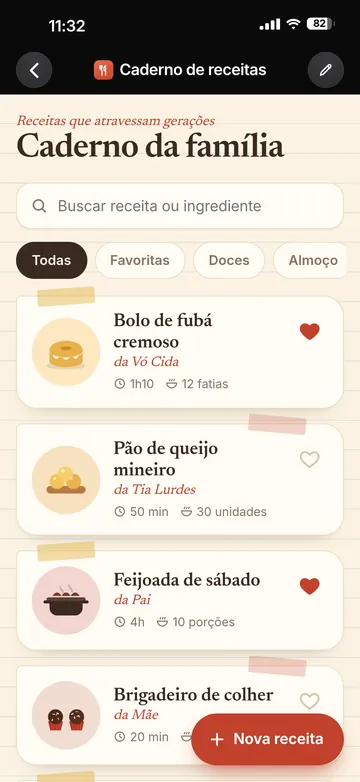 App Caderno de receitas: fundo de papel pautado, busca por receita ou ingrediente e fichas como bolo de fubá da Vó Cida e pão de queijo da Tia Lurdes.